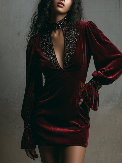 Quiet Luxury Embroidered Keyhole Collar Polyester Velvet Mini Dress