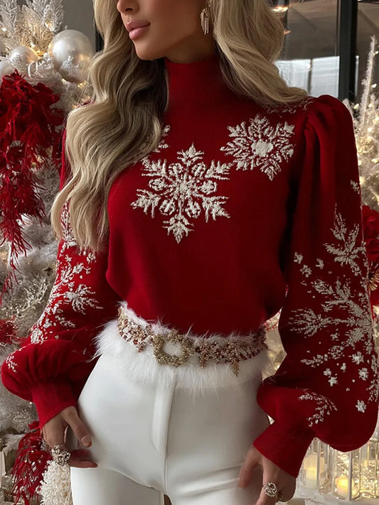 Women's Christmas Snowflake Print Half-Turtleneck Lantern Sleeve Top