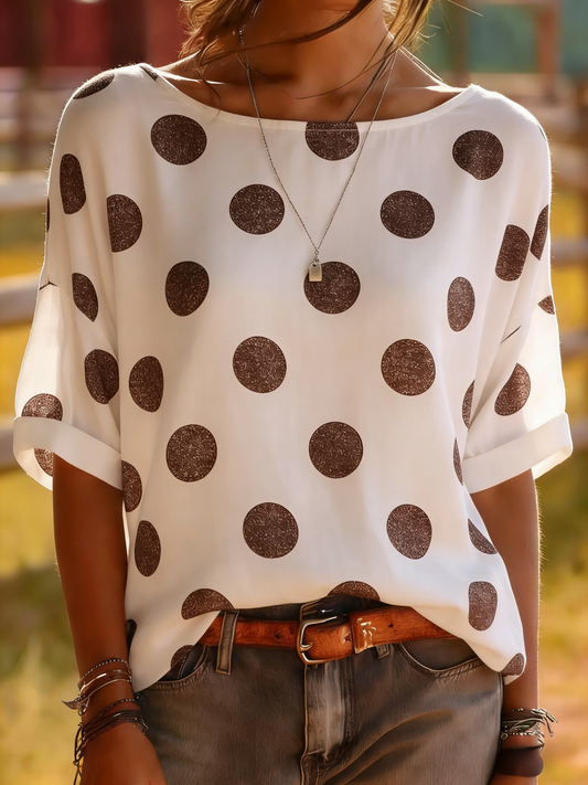 White Polka Dot Medium Sleeve Blouse - Brown Dots Casual Top