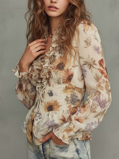 Vintage Floral Chiffon Ruffle Blouse