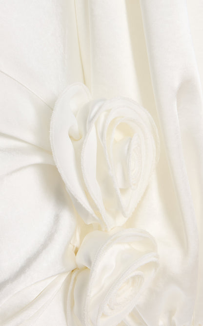 Vivir Baloon-Sleeve Rose-Detailed Hammered-Satin Maxi Dress