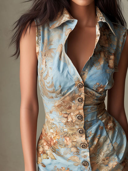 Retro Blue Floral Print Button-Front Sleeveless Mini Dress