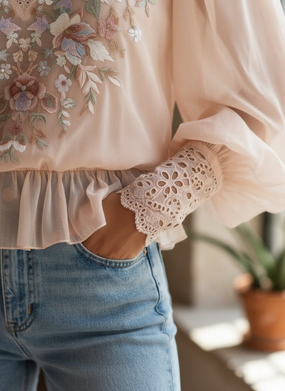 Elegant Embroidered V-Neck Chiffon Blouse with Lace Trim