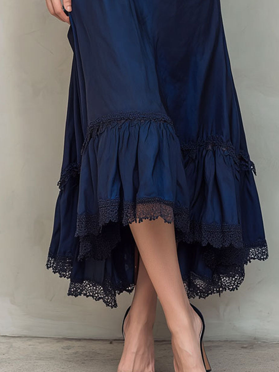 Retro Elegant Navy Satin Corset Midi Dress With Lace Trim