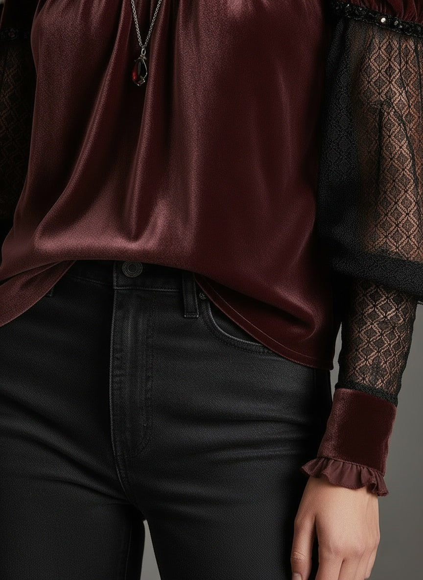 Elegant Velvet & Lace Embellished High-Neck Blouse