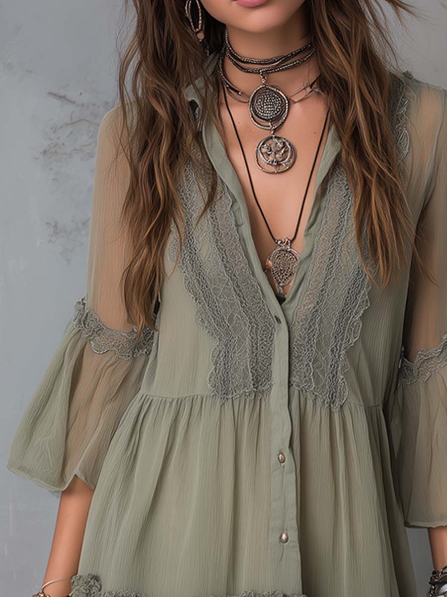 Vintage Lace-Neck Bell Cuffs Pleated Chiffon Mini Dress
