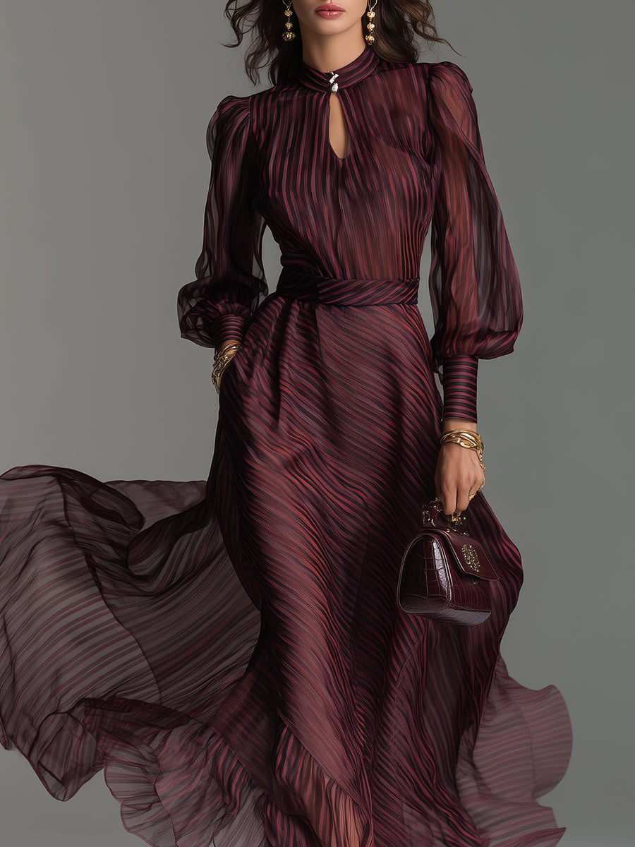 Retro Striped Keyhole Collar Organza Maxi Dress