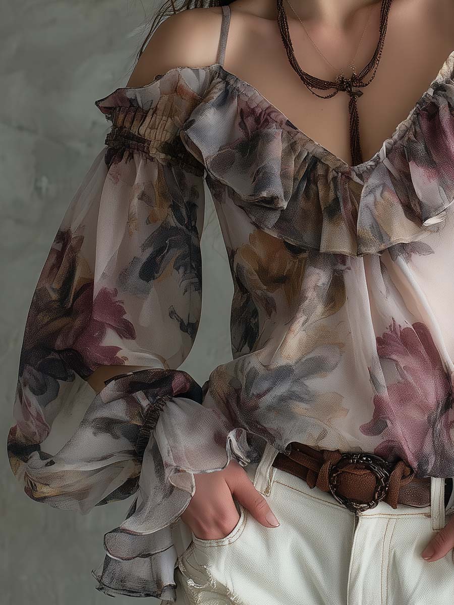 Boho Vintage Floral Off-Shoulder Chiffon Blouse