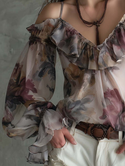 Boho Vintage Floral Off-Shoulder Chiffon Blouse