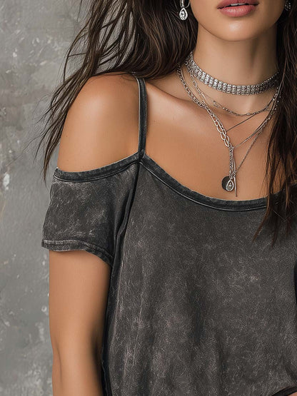 Vintage Cold-shoulder Mottled Denim Blouse