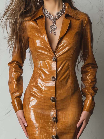 Retro Modern Caramel Eco-Croco Embossed Leather Shirt Dress