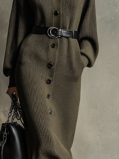 Retro High-neck Contrast Buttons Knitted Midi Dress