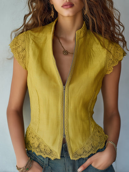Retro Linen Blouse With Lace Trim And Front Zipper