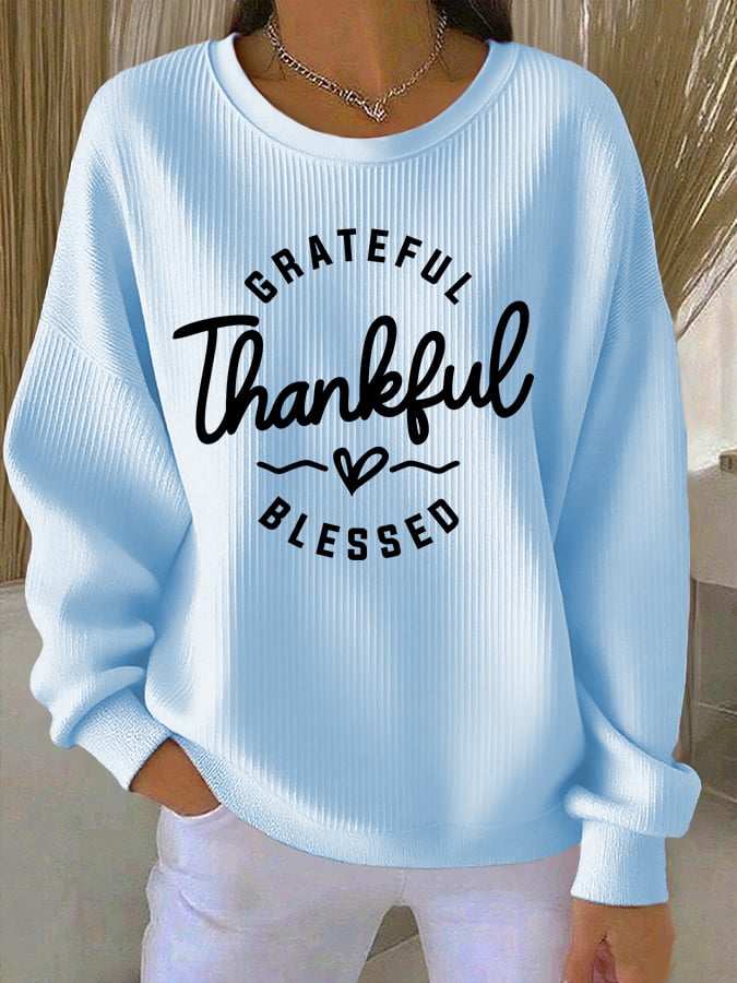 Women's Casual Vintage Grateful Thankful Blessed Textured Sweatshirt