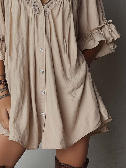 Retro Ruffle Cuffs Cotton Linen Mini Dress