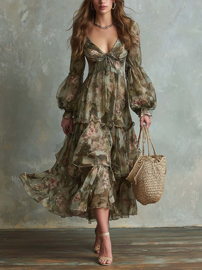 Vintage Floral Chiffon Long-Sleeve Tiered Midi Dress