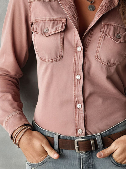 Vintage Dusty Rose Button-Up Western Shirt With Chest Flap Pockets