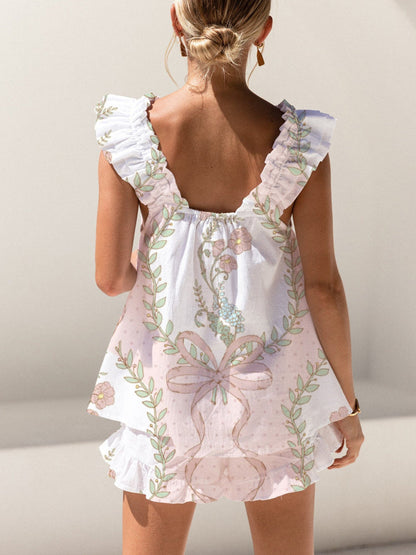 Pink Polka Dot Bow Flower Print Ruffled Trim Short Tank Top Shorts Pajama Set