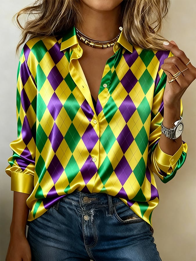 Women'S Casual Lapel Color-Block Printed Shirt
