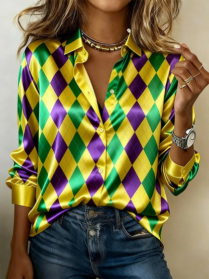 Women'S Casual Lapel Color-Block Printed Shirt