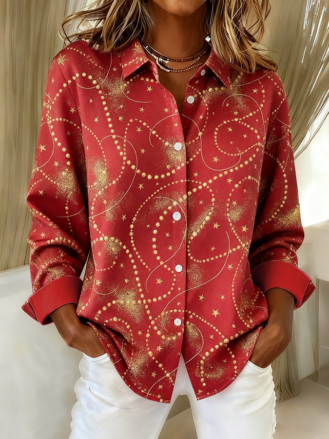 Women's casual contrast color autumn and winter Christmas print shirt