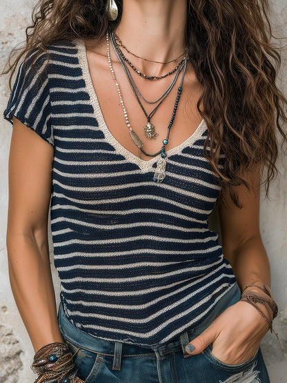 Bohemian Striped Knitted Short-sleeved Sweater