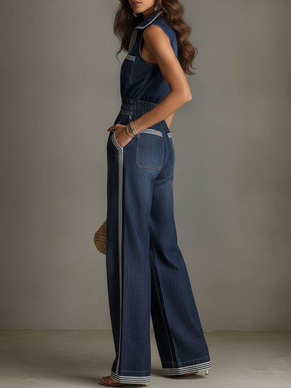 Retro Contrast Trim Denim Elastic Waist Zipper Wide-Leg Jumpsuit