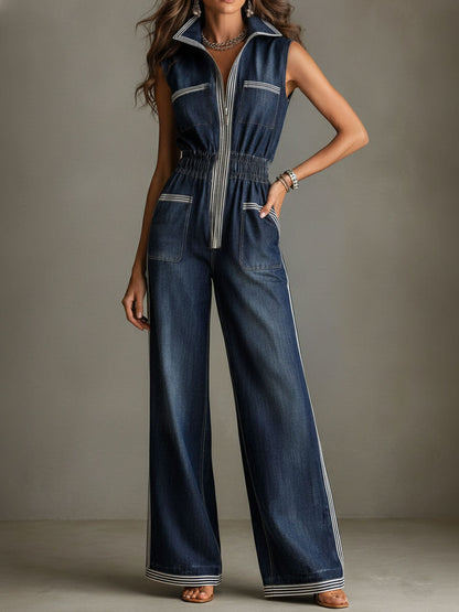 Retro Contrast Trim Denim Elastic Waist Zipper Wide-Leg Jumpsuit