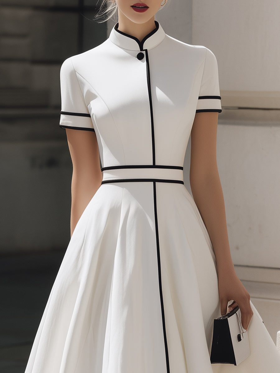Timeless Contrast-Piped Mandarin Collar Midi Dress