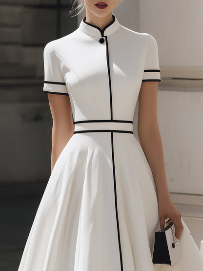 Timeless Contrast-Piped Mandarin Collar Midi Dress