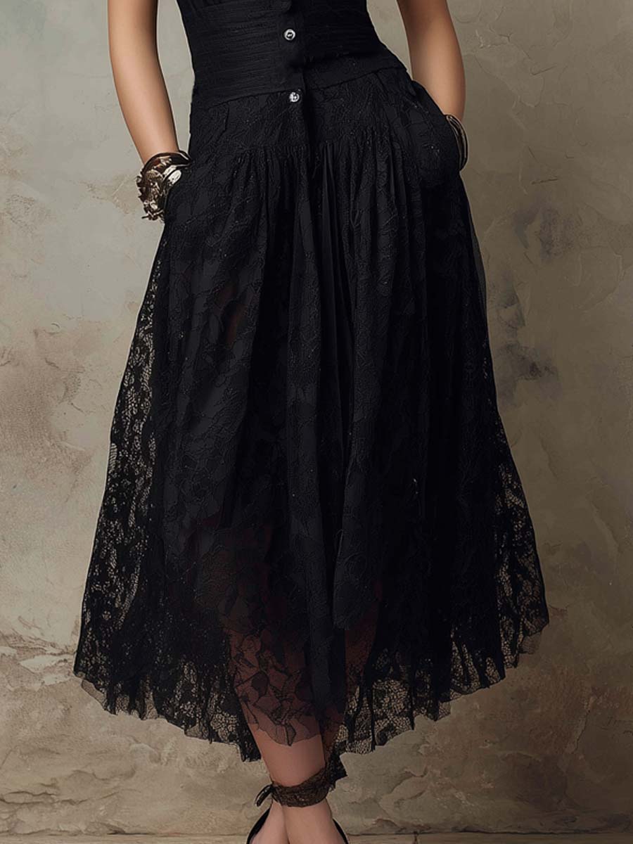 Vintage Sheer Sleeves Lace Fabric Midi Dress