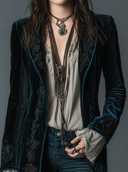 Vintage Navy Velvet Tailored Boho Embroidery Coat