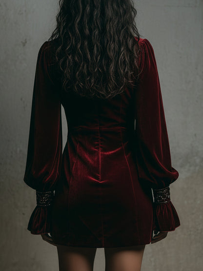 Quiet Luxury Embroidered Keyhole Collar Polyester Velvet Mini Dress