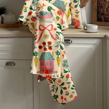 Women's Pastoral Floral Bow Print Cotton Homewear Set