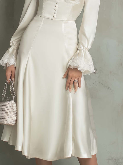 Vintage Lace Trim Polyester Satin Midi Dress