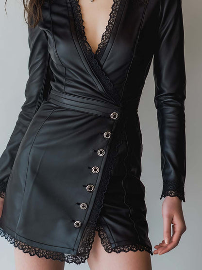 Retro Cross V-neck Lace Trim Faux Leather Mini Dress
