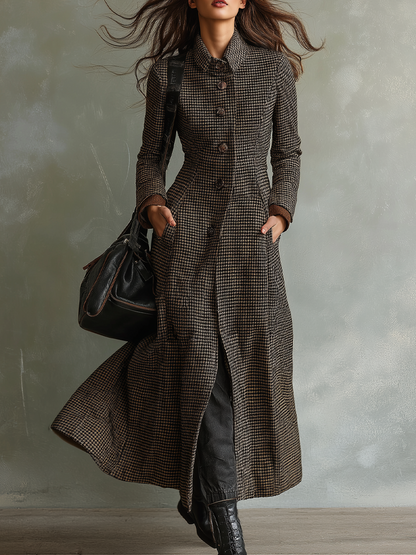 Retro Houndstooth Tweed Midi Dress