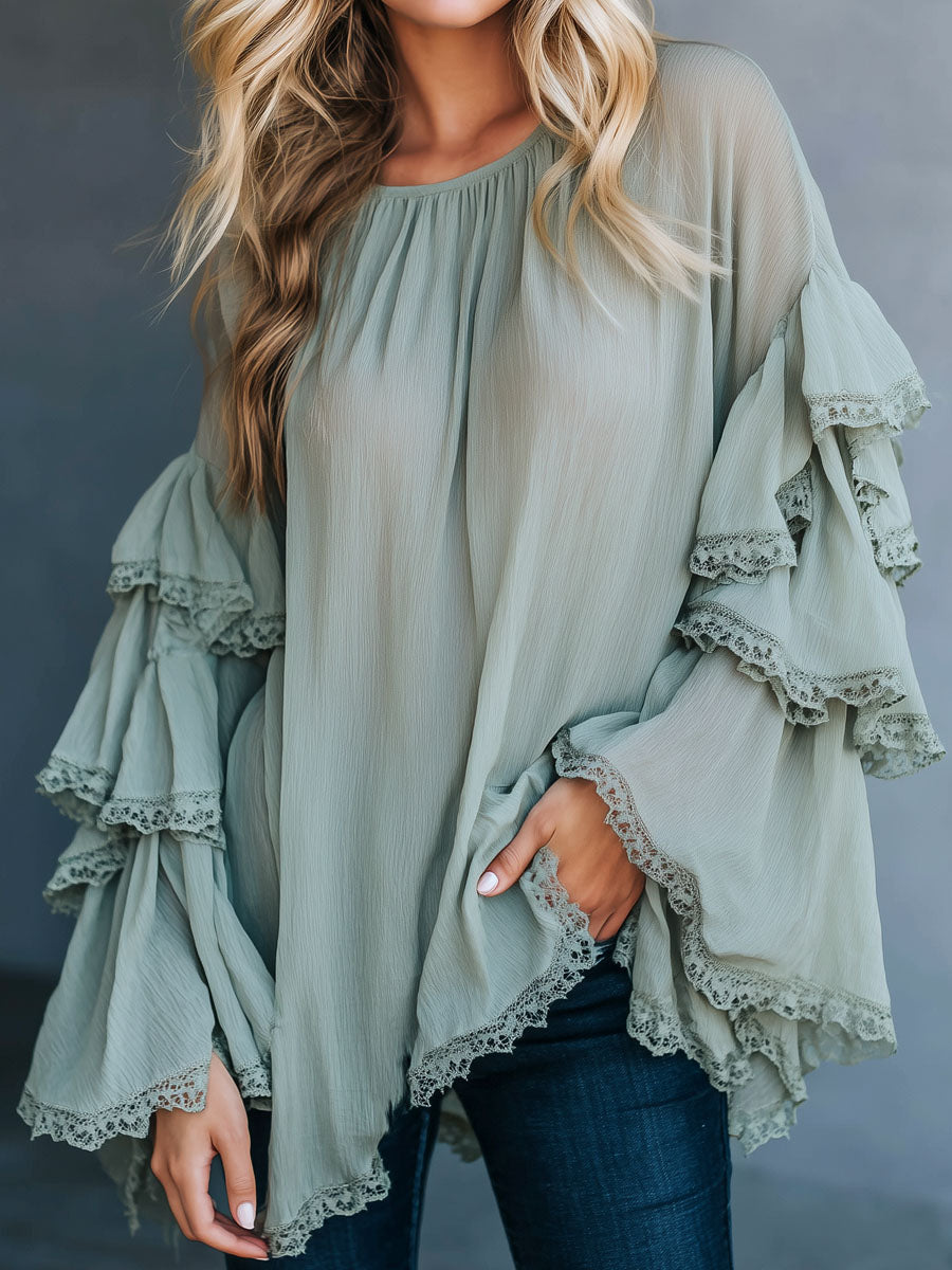Boho Sage Green Crinkle Chiffon Tunic Top With Lace Ruffle Bell Sleeves
