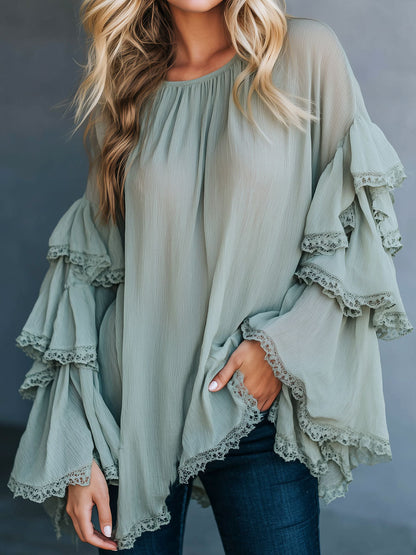 Boho Sage Green Crinkle Chiffon Tunic Top With Lace Ruffle Bell Sleeves
