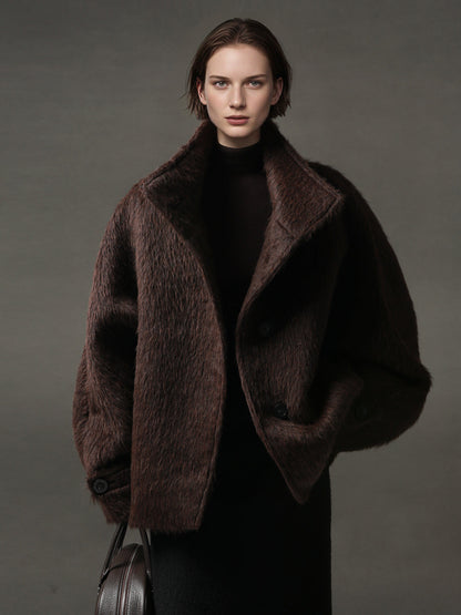 Alpaca Wool Biker Jacket for Women – Stand Collar Suoli Alpaca Coat with Luxe Textured Finish, Winter Chic Outerwear