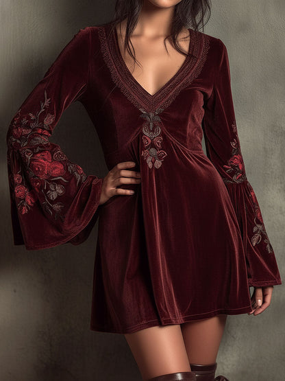 Boho Bell-Sleeve Burgundy Velvet Embroidered Mini Dress