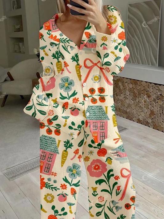 Women's Pastoral Floral Bow Print Cotton Homewear Set