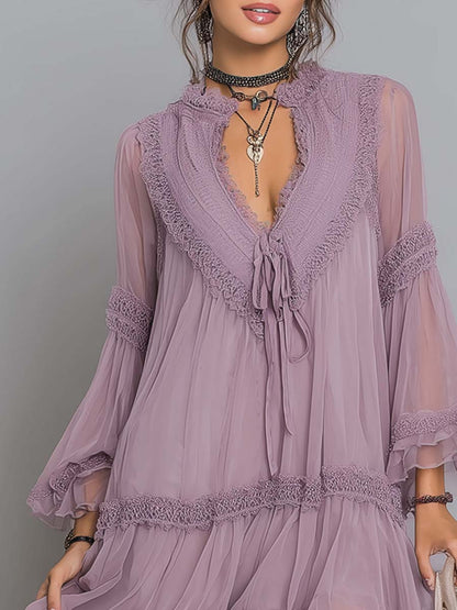 Vintage Lace-Trim Chiffon Mini Dress