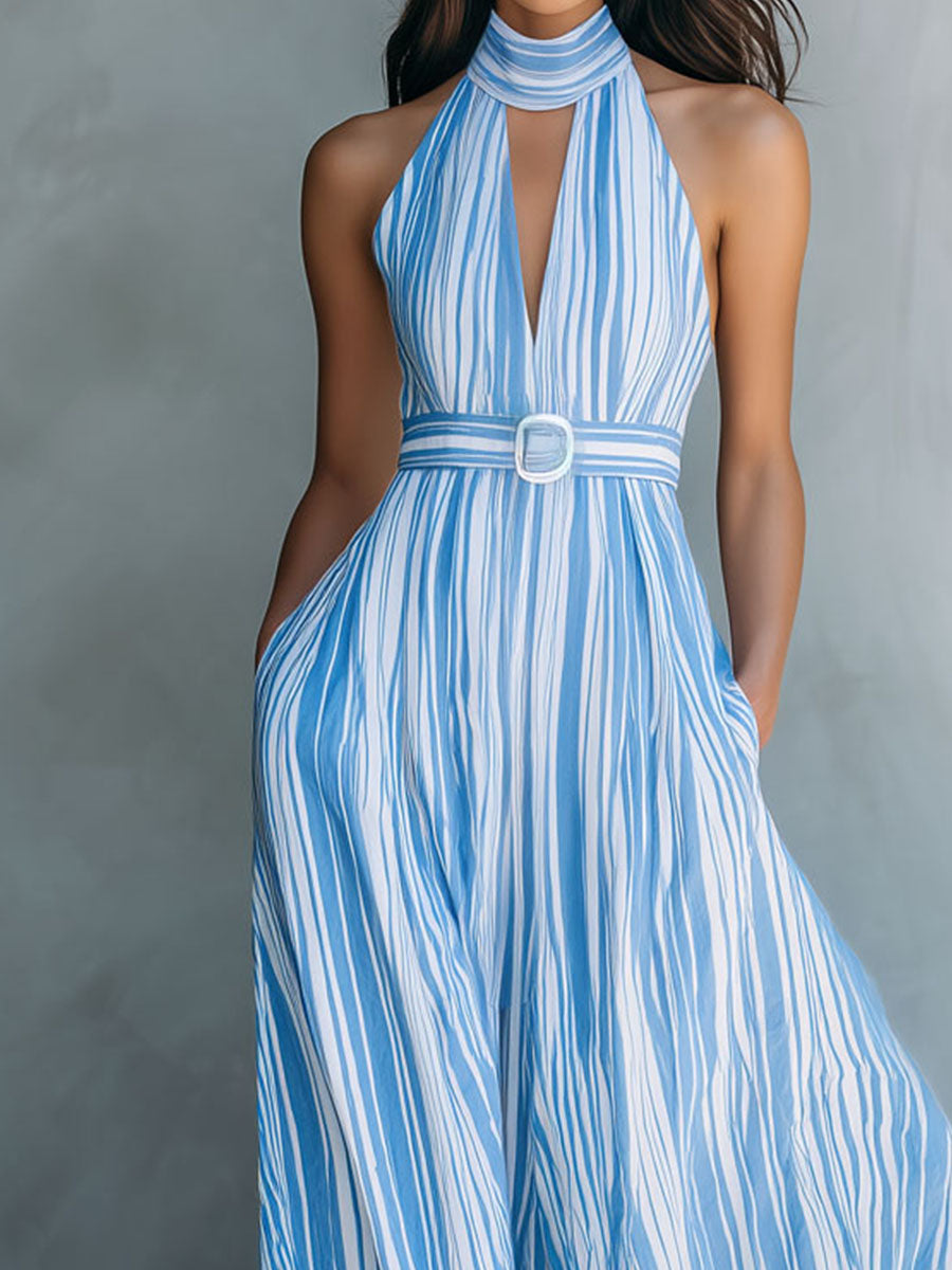 Boho Sky Blue Striped Belted Waist Halter Maxi Dress