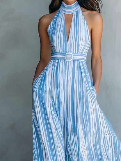 Boho Sky Blue Striped Belted Waist Halter Maxi Dress