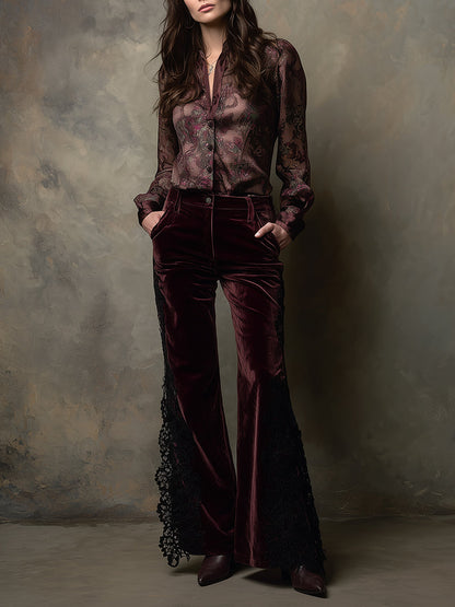 Retro Printed Satin Front Seam Patchwork Blouse