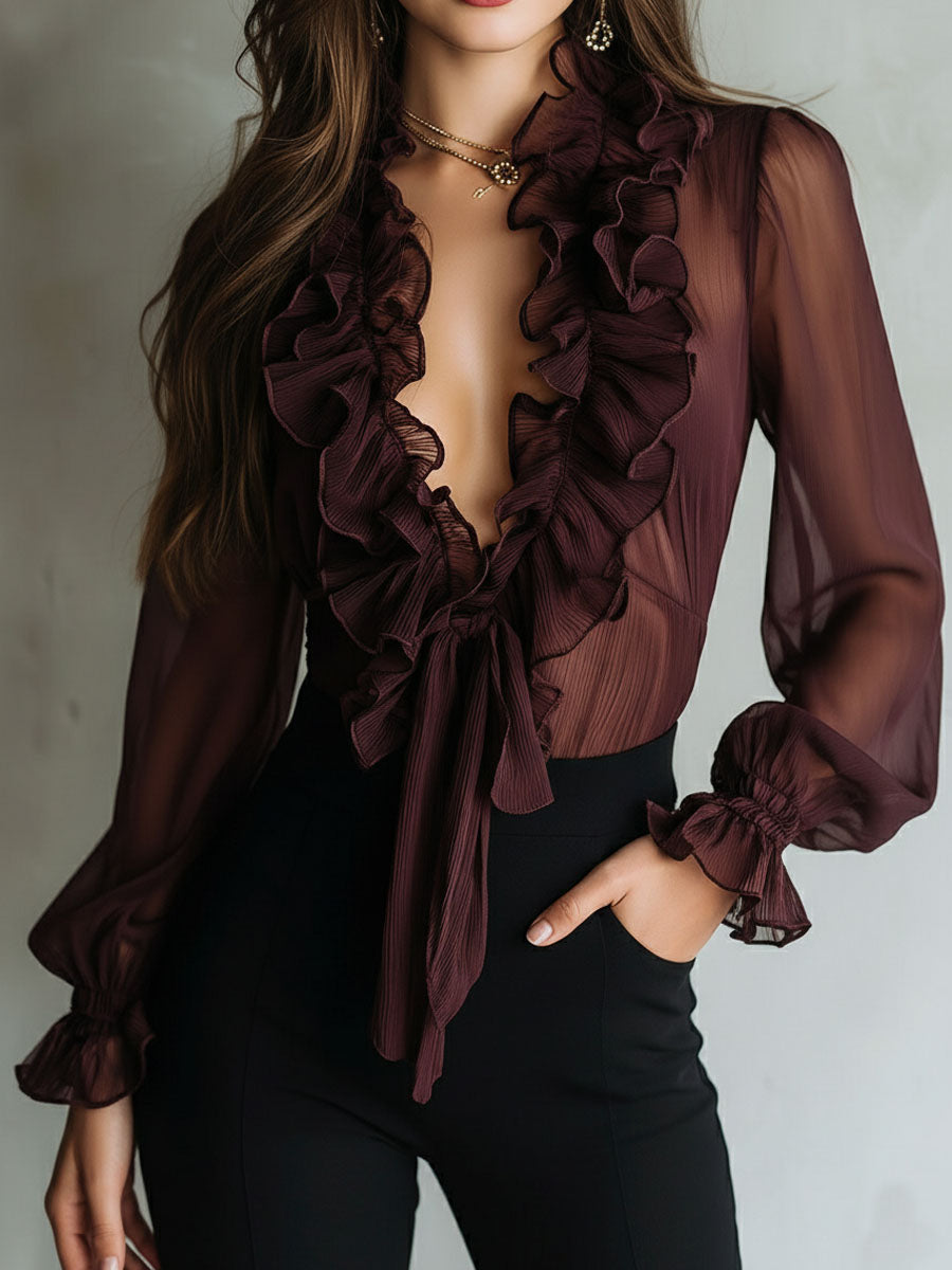 Retro Plum Sheer Ruffled  Long Sleeve Tie-Front Chiffon Blouse