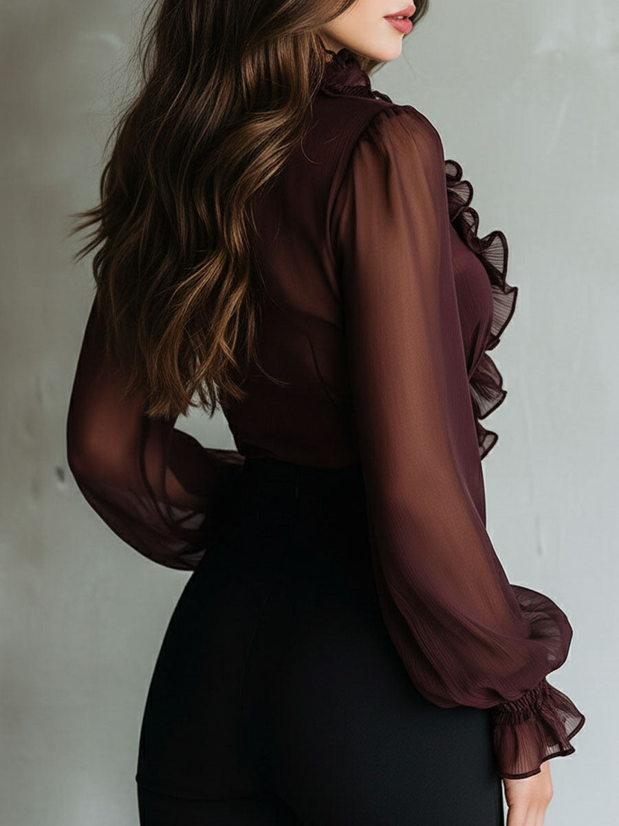 Retro Plum Sheer Ruffled  Long Sleeve Tie-Front Chiffon Blouse