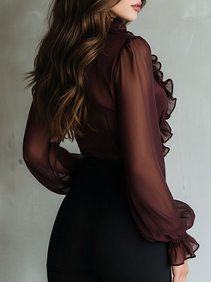 Retro Plum Sheer Ruffled  Long Sleeve Tie-Front Chiffon Blouse