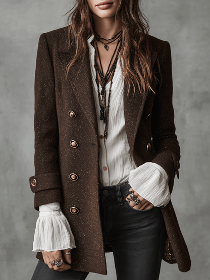 Vintage Brown Wool Double-Breasted Military Blazer Coat